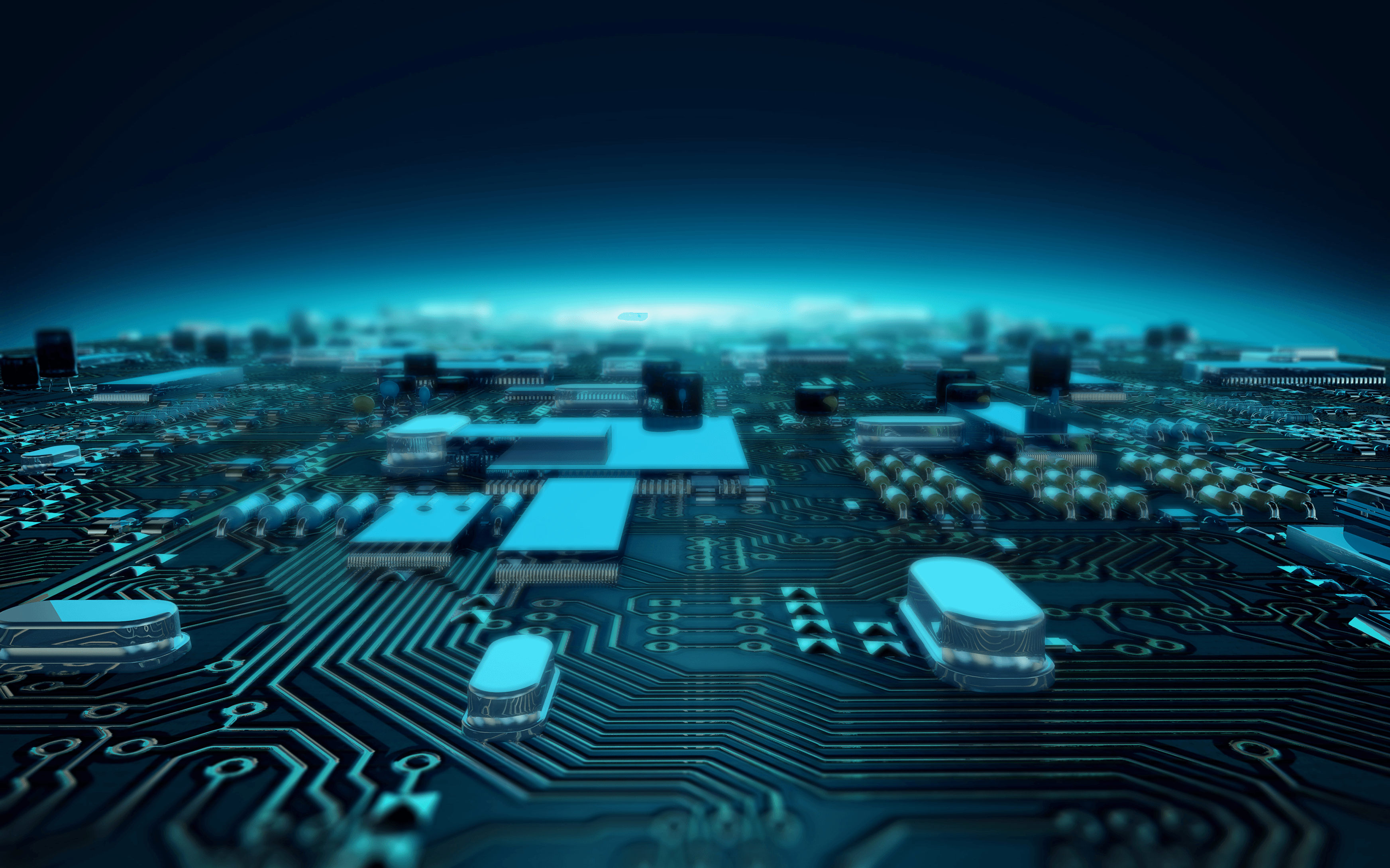 Glowing blue circuit board with electronic components, creating a futuristic technological landscape. Components emit soft blue light against a dark background, conveying depth and advanced technology.